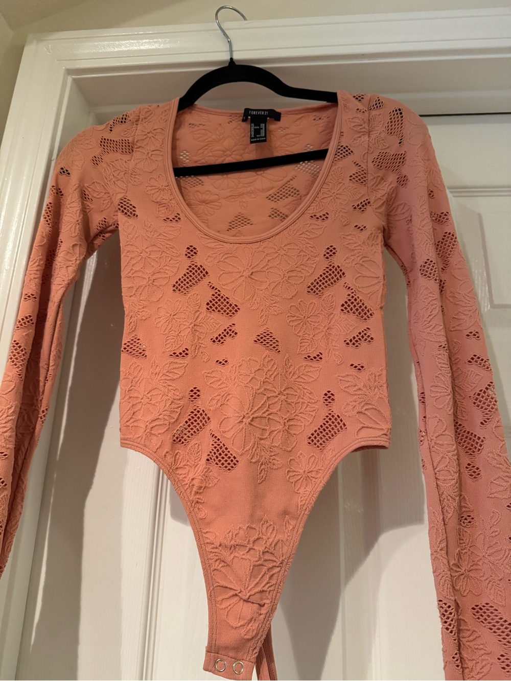 Forever 21 Peach Floral Lace Long-Sleeve Bodysuit
